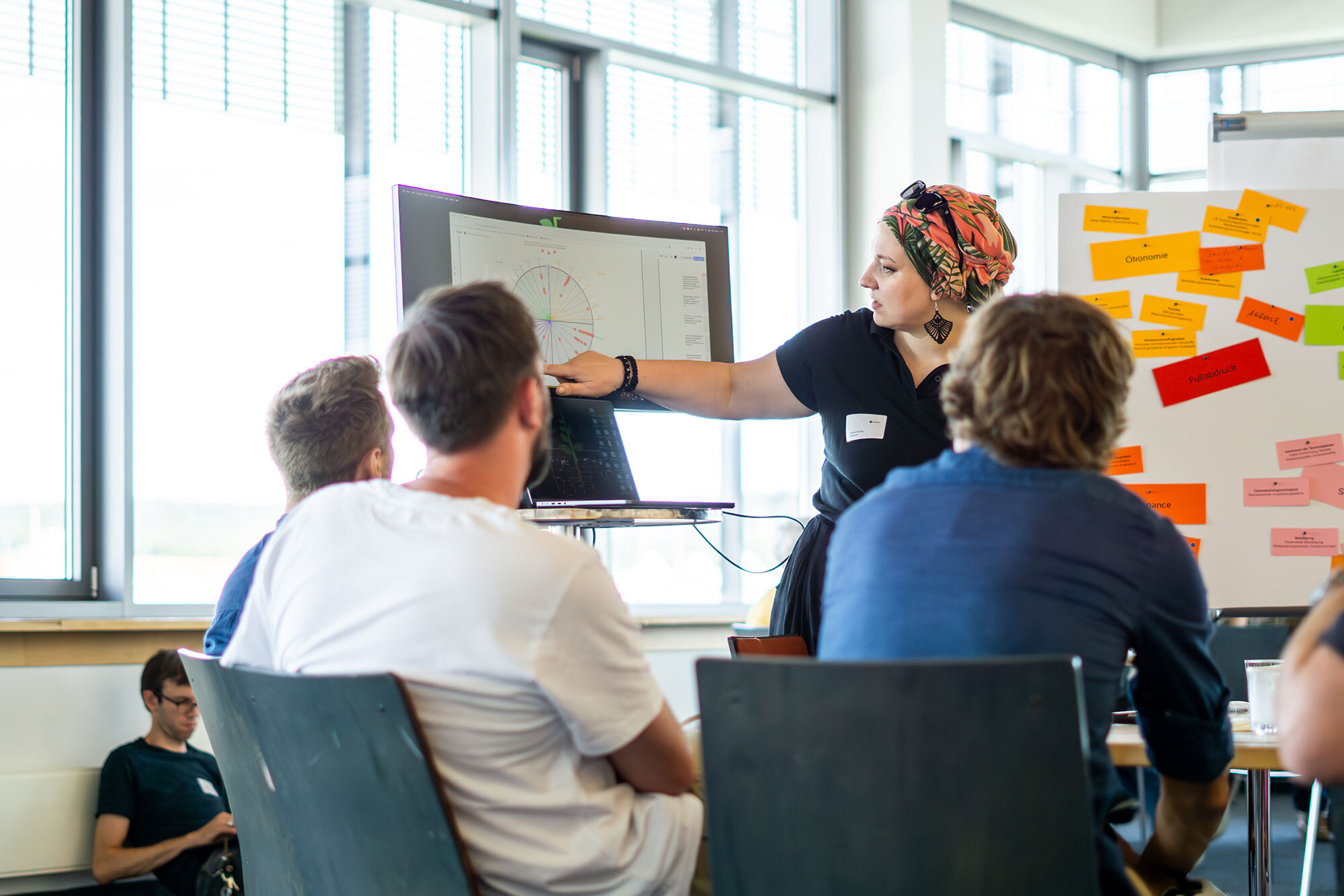 KI generiert: Das Bild zeigt eine Frau, die vor einer Gruppe von Menschen steht und auf einen Computerbildschirm zeigt, während sie in einem Raum mit großen Fenstern und einer Wand mit bunten Haftnotizen stehen.