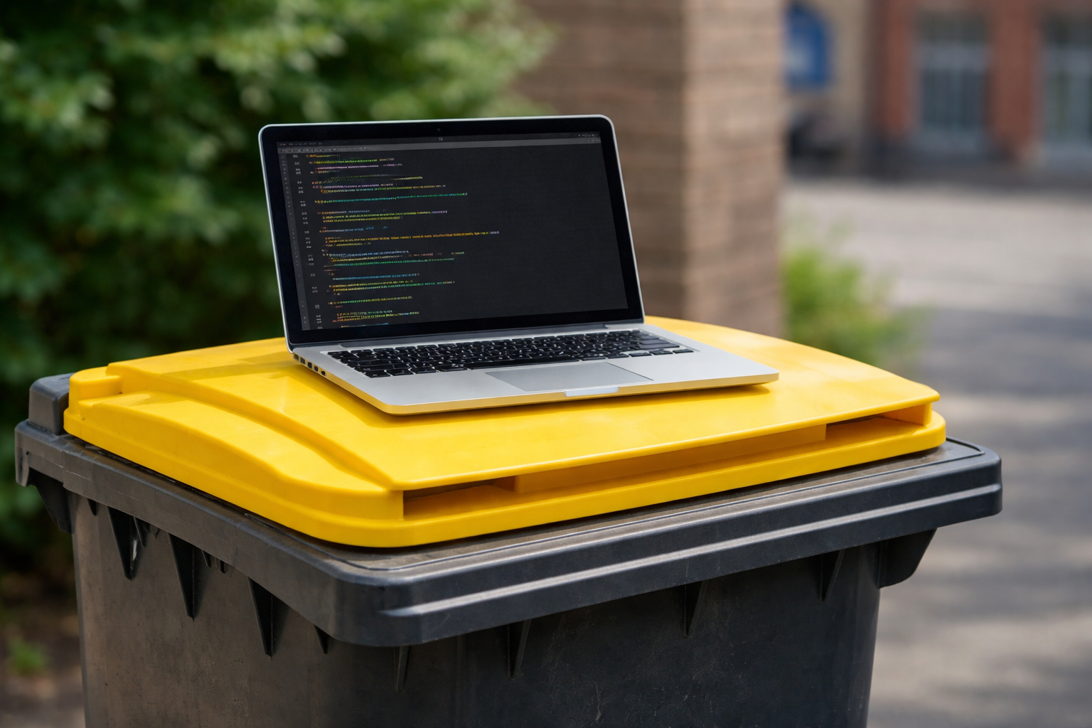 Das Bild zeigt ein geöffnetes MacBook mit Code auf dem Bildschirm, welches auf einer geschlossenen Mülltonne mit gelbem Deckel steht.